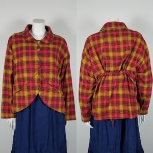 Krista Larson Red Gold Plaid Rustic Lagenlook Dragonfly Cocoon Shirt Jacket OSFM